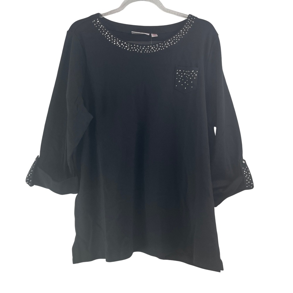 Quacker‎ Factory Top Womens XL Black Rhinestone Studded 3/4 Sleeve Knit Pocket